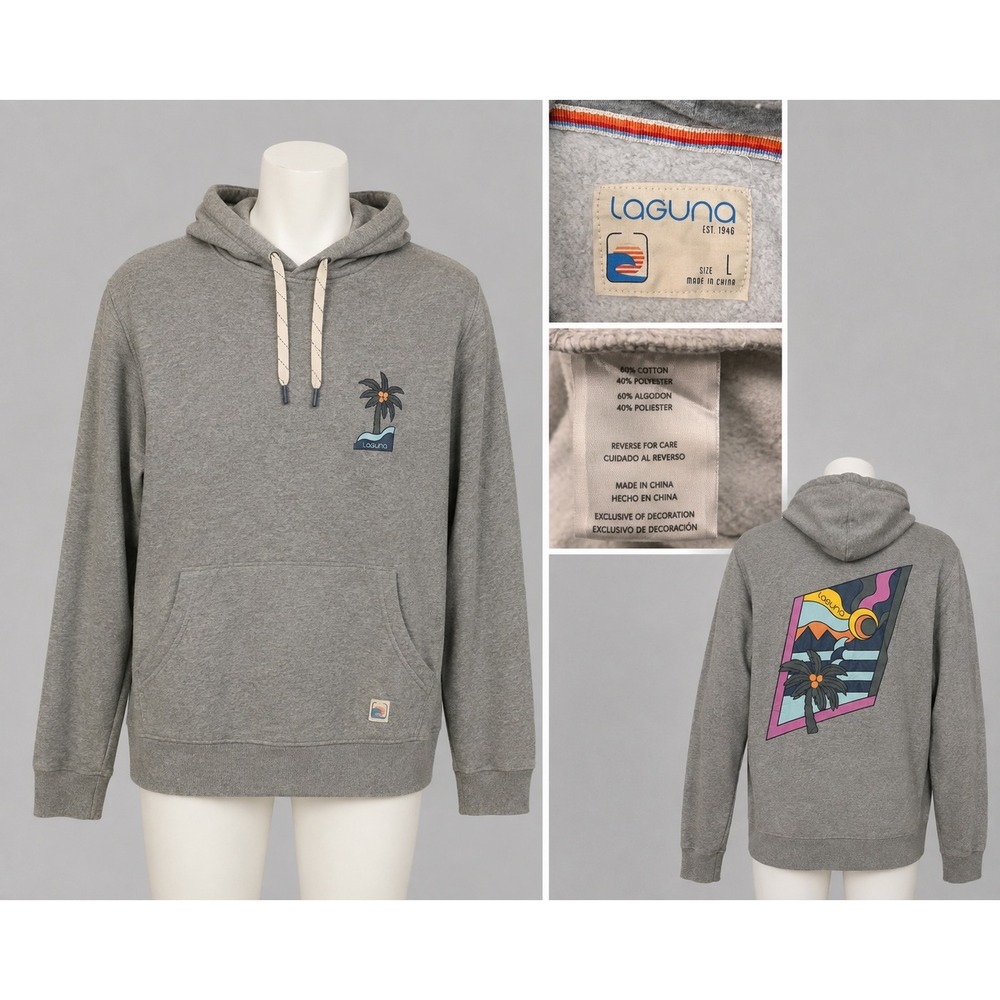 Laguna Mens Gray Hoodie Palm Tree Graphic Sweatshirt Size Large
